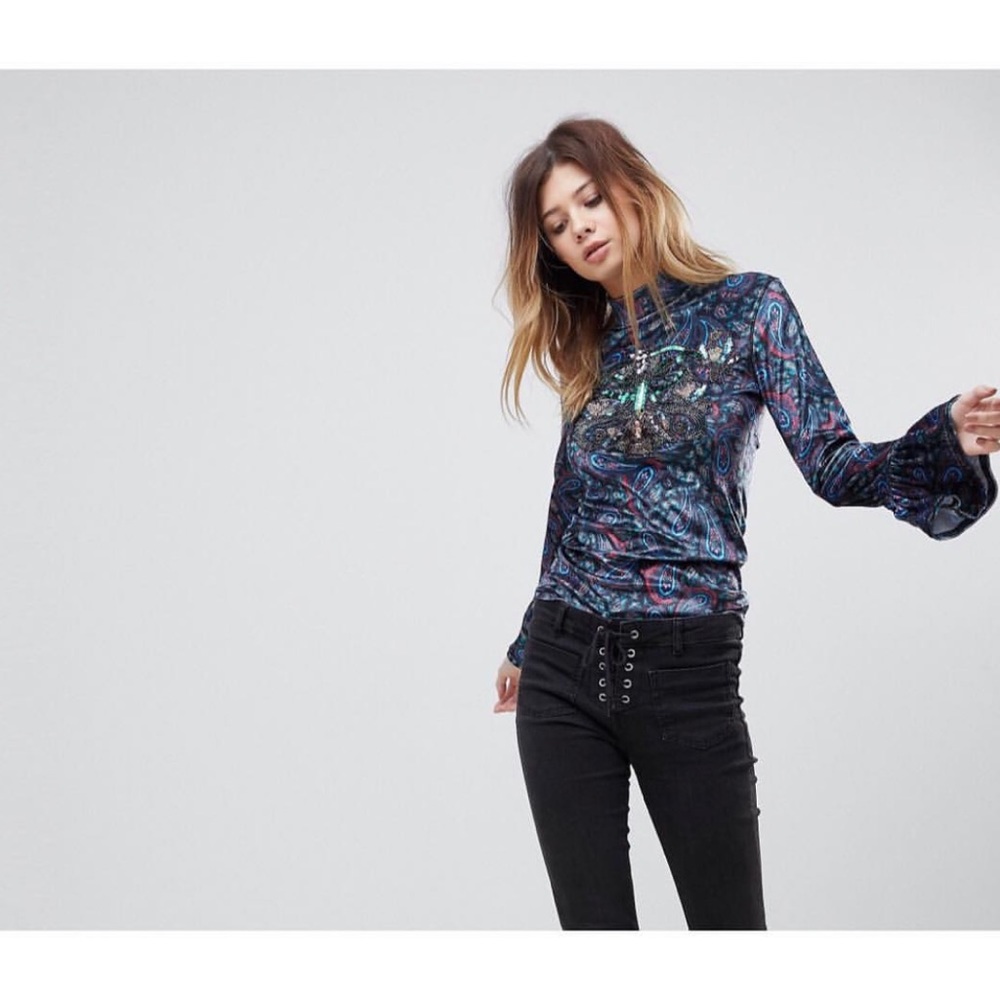 Free People L’Amour Printed Trumpet Sleeve Blouse